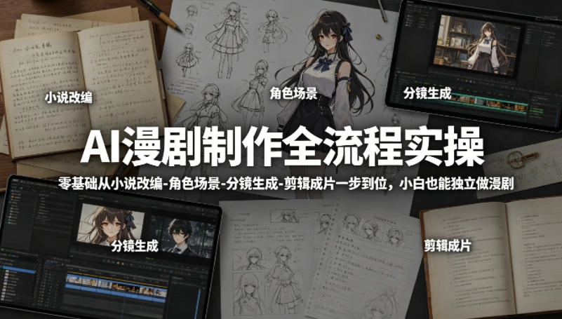 AI漫剧制作全流程实操，零基础从小说改编-角色场景-分镜生成-剪辑成片一步到位，小白也能独立做漫剧
