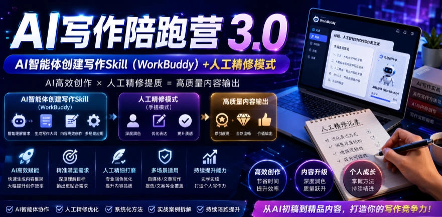 AI写作陪跑营3.0,Ai智能体创建写作skill(workbuddy)+人工手写模式(手搓模式),去除AI痕迹(头条号、公众号、百家号)(更新0806) AI写作陪跑营3.0,Ai智能体创建写作skill(workbuddy)+人工手写模式(手搓模式),去除AI痕迹(头条号、公众号、百家号)(更新0806)
