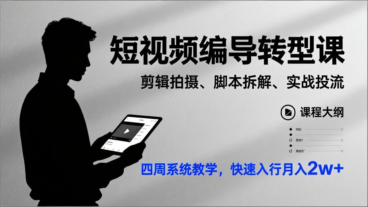 短视频编导转型课,剪辑拍摄、脚本拆解、实战投流,四周系统教学,快速入行月入2w+ 短视频编导转型课,剪辑拍摄、脚本拆解、实战投流,四周系统教学,快速入行月入2w+