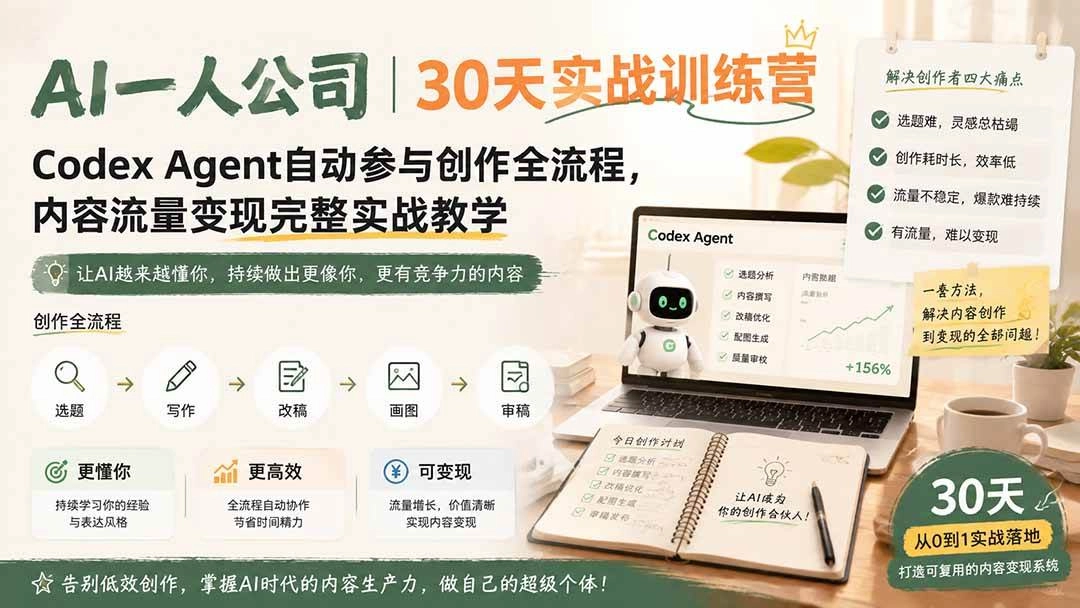 (19812期)AI一人公司|30天实战训练营;Codex Agent自动参与创作全流程,内容流量变现完整实战教学 (19812期)AI一人公司|30天实战训练营;Codex Agent自动参与创作全流程,内容流量变现完整实战教学