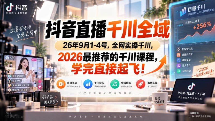 抖音直播千川全域26年9月1-4号,全网实操千川,2026最推荐的千川课程,学完直接起飞! 抖音直播千川全域26年9月1-4号,全网实操千川,2026最推荐的千川课程,学完直接起飞!