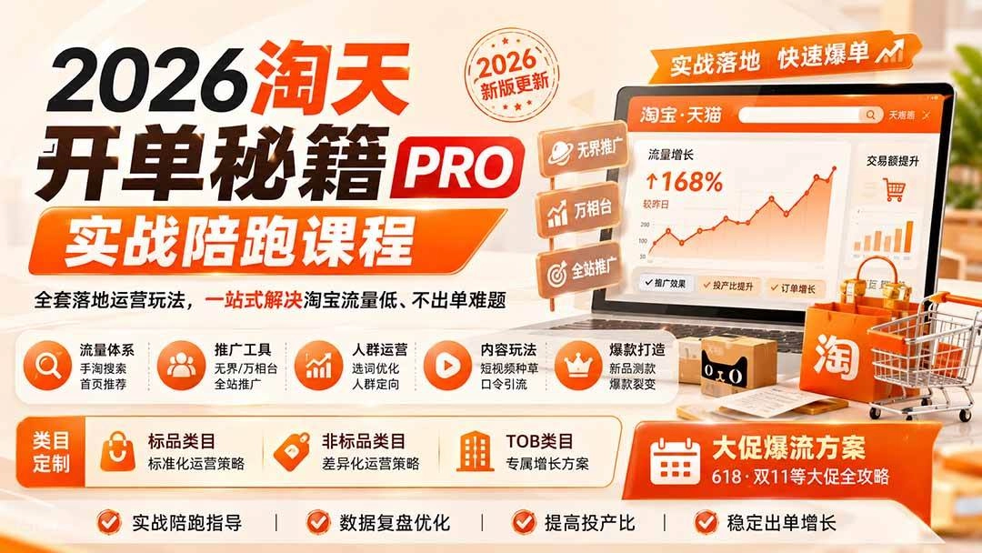 (20029期)2026淘天开单秘籍PRO实战陪跑课程:全套落地运营玩法,一站式解决淘宝流量低、不出单难题(更新260823) (20029期)2026淘天开单秘籍PRO实战陪跑课程:全套落地运营玩法,一站式解决淘宝流量低、不出单难题(更新260823)