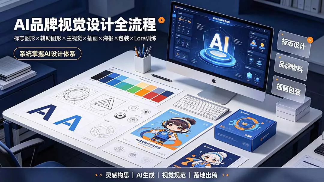 AI品牌视觉设计全流程：标志图形×辅助图形×主视觉×插画×海报×包装×Lora训练，系统掌握AI设计体系