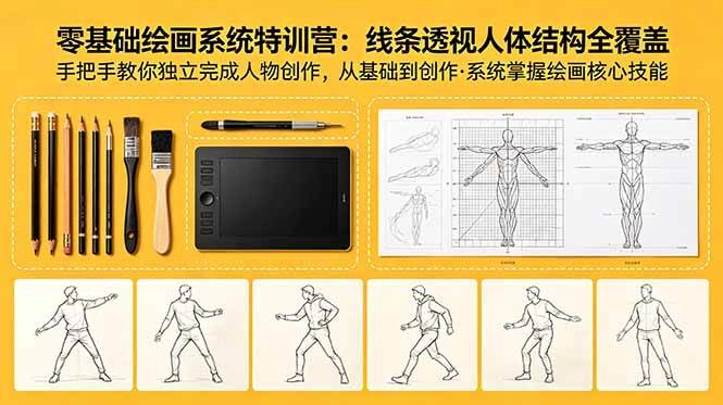 （18615期）零基础绘画系统特训营：线条透视人体结构全覆盖，手把手教你独立完成人物创作