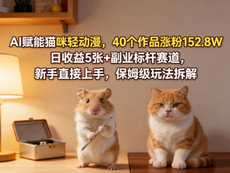 AI赋能猫咪轻动漫，40个作品涨粉152.8W，日收益5张+副业标杆赛道，新手直接上手，保姆级玩法拆解
