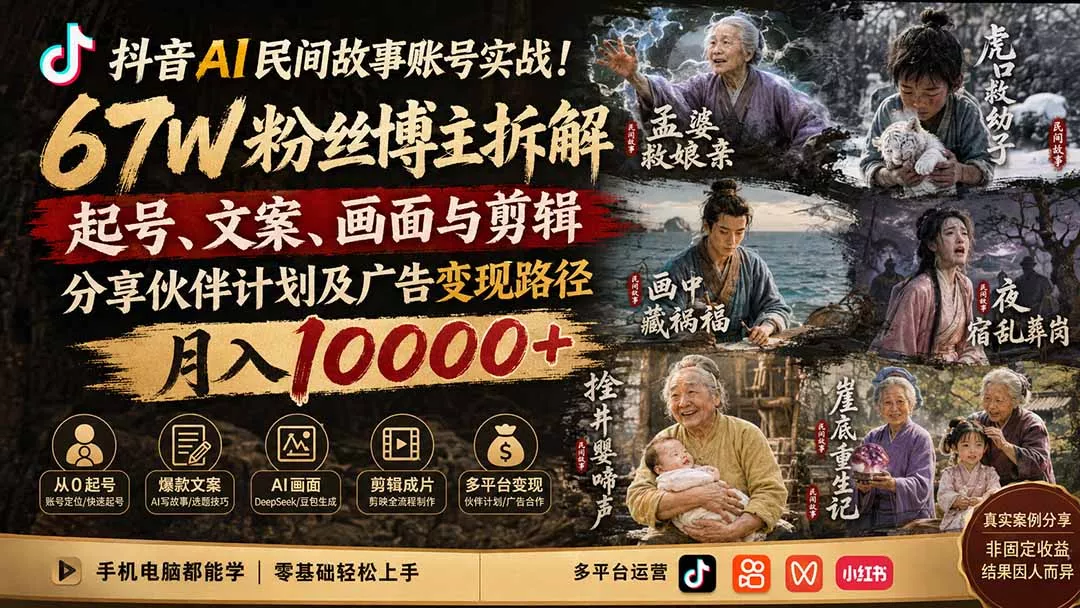 抖音AI民间故事账号实战!67W粉丝博主拆解起号、文案、画面与剪辑,分享伙伴计划及广告变现路径,月入10000+ 抖音AI民间故事账号实战!67W粉丝博主拆解起号、文案、画面与剪辑,分享伙伴计划及广告变现路径,月入10000+
