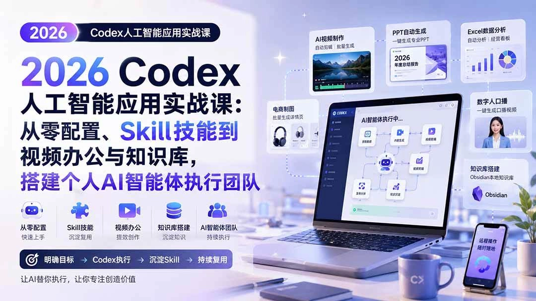 （20067期）2026 Codex人工智能应用实战课：从零配置、Skill技能到视频办公与知识库，搭建个人AI智能体执行团队
