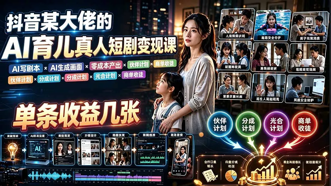 AI育儿真人短剧变现课:AI写剧本×AI生成画面×零成本产出×伙伴计划×分成计划×光合计划×商单收徒 AI育儿真人短剧变现课:AI写剧本×AI生成画面×零成本产出×伙伴计划×分成计划×光合计划×商单收徒
