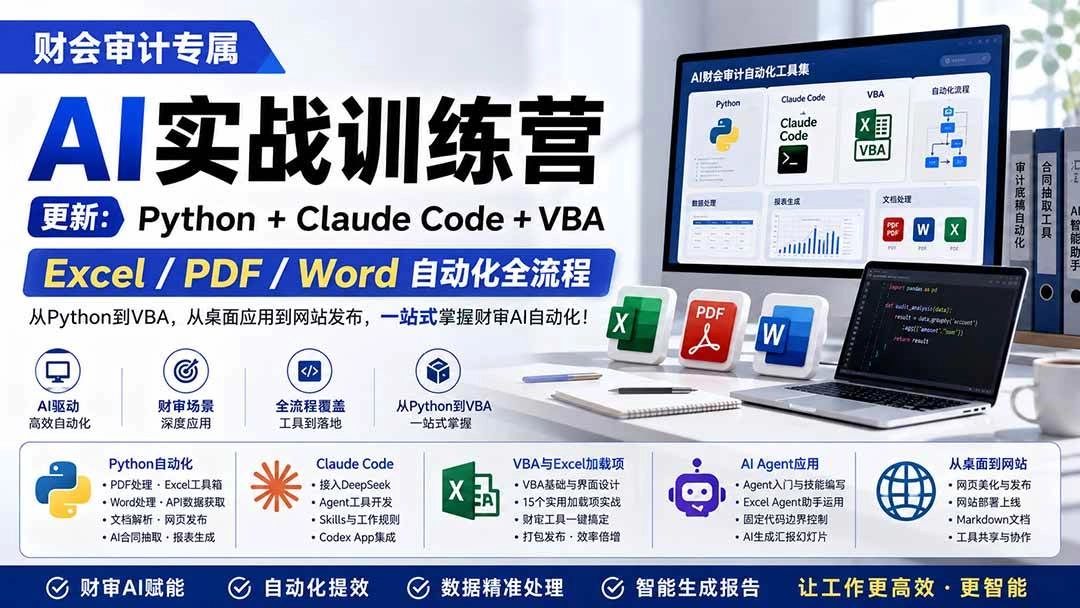 （19887期）财会审计专属 AI实战训练营：Python+Claude Code+VBA，Excel/PDF/Word自动化全流程 (更新)
