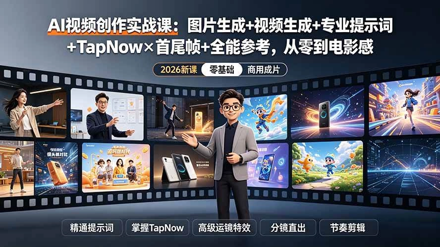 （19383期）AI视频创作实战课：图片生成+视频生成+专业提示词+TapNow×首尾帧+全能参考，从零到电影感成片