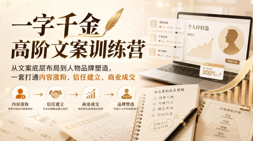 一字千金高阶文案训练营,从文案底层布局到人物品牌塑造,一套打通内容涨粉、信任建立、商业成交 一字千金高阶文案训练营,从文案底层布局到人物品牌塑造,一套打通内容涨粉、信任建立、商业成交