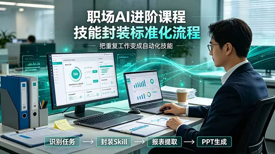 职场AI进阶课程；多类实用Skill工具实操，专属技能封装标准化流程，报表行业报告一键提取核心内容