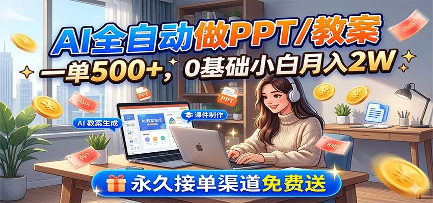 AI全自动做PPT/教案,一单500+,0基础小白月入2W,永久接单渠道免费送 AI全自动做PPT/教案,一单500+,0基础小白月入2W,永久接单渠道免费送