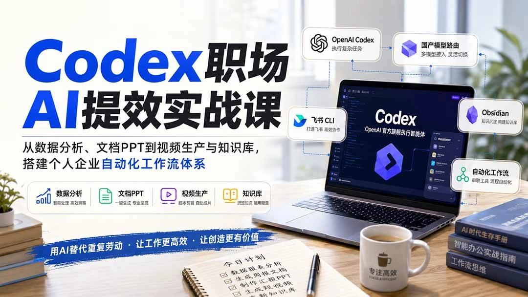 (20057期)Codex职场AI提效实战课:从数据分析、文档PPT到视频生产与知识库,搭建个人企业自动化工作流体系 (20057期)Codex职场AI提效实战课:从数据分析、文档PPT到视频生产与知识库,搭建个人企业自动化工作流体系