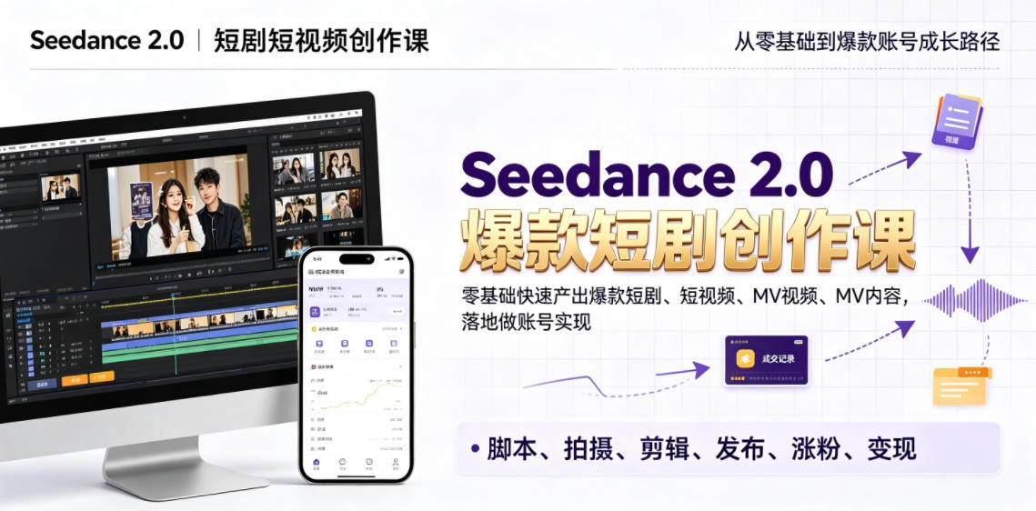 Seedance 2.0短剧短视频创作课,零基础快速产出爆款短剧、短视频、MV内容,落地做账号实现变现 Seedance 2.0短剧短视频创作课,零基础快速产出爆款短剧、短视频、MV内容,落地做账号实现变现