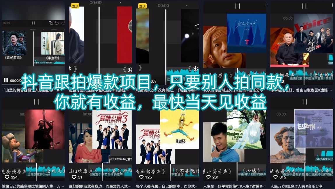 抖音跟拍爆款项目,只要别人拍同款,你就有收益,最快当天见收益 抖音跟拍爆款项目,只要别人拍同款,你就有收益,最快当天见收益