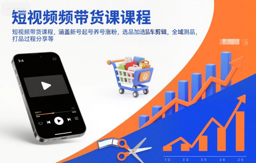 短视频带货课程，涵盖新号起号养号涨粉，选品加选品车剪辑，全域测品，打品过程分享等