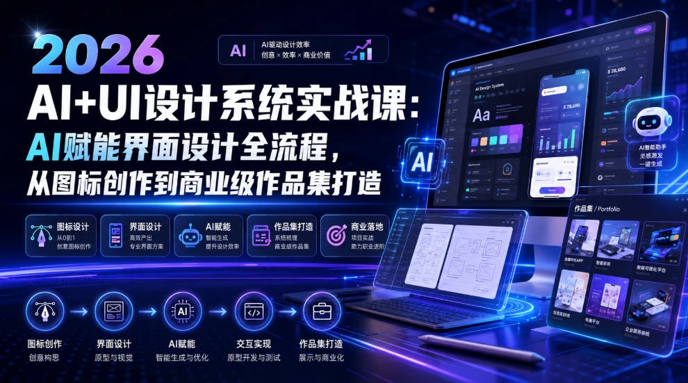 2026 AI+UI设计系统实战课：AI赋能界面设计全流程，从图标创作到商业级作品集打造