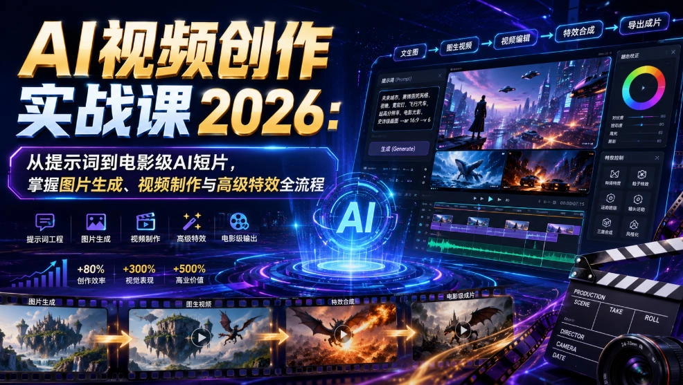 AI视频创作实战课2026:从提示词到电影级AI短片,掌握图片生成、视频制作与高级特效全流程 AI视频创作实战课2026:从提示词到电影级AI短片,掌握图片生成、视频制作与高级特效全流程