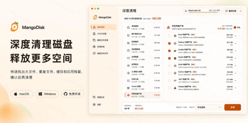 在Gtihub上做出10万stars的大神,又发布新项目了!一键让磁盘更干净,开源免费清理工具MangoDisk 在Gtihub上做出10万stars的大神,又发布新项目了!一键让磁盘更干净,开源免费清理工具MangoDisk