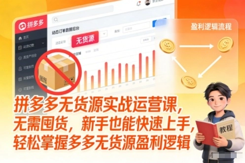 拼多多无货源实战运营课，无需囤货，新手也能快速上手，轻松掌握多多无货源盈利逻辑