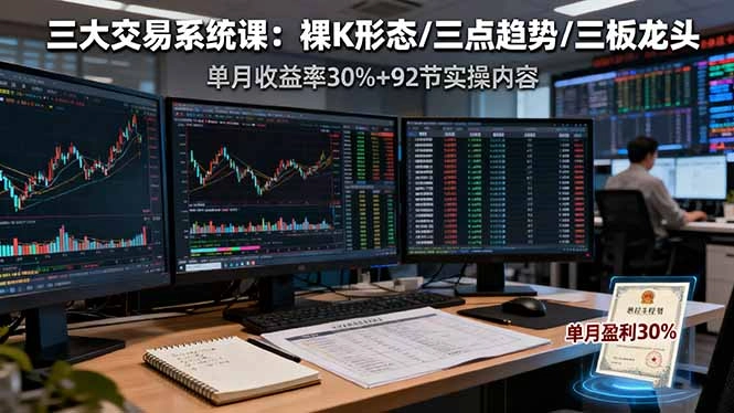 三大交易系统课：裸K形态/三点趋势/三板体系，单月收益率30%+92节实操内容
