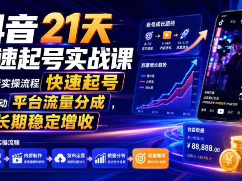抖音21天快速起号实战课,按这套实操流程快速起号,持续撬动平台流量分成,实现长期稳定增收