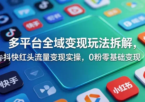 多平台全域变现玩法拆解，抖快红头流量变现实操，0粉零基础变现