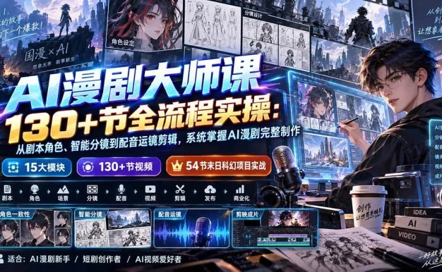 （20326期）AI漫剧大师课130+节全流程实操：从剧本角色、智能分镜到配音运镜剪辑，系统掌握AI漫剧完整制作