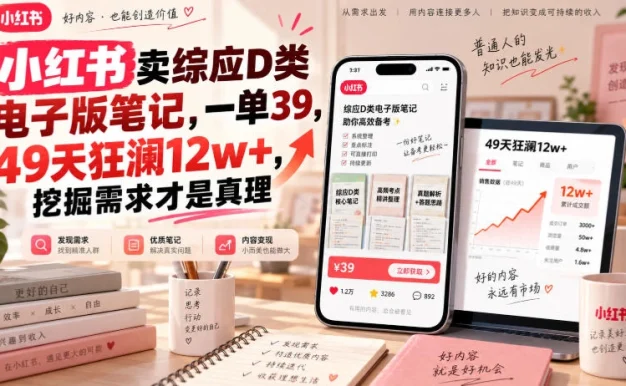 小红书卖综应D类电子版笔记,一单39,49天狂澜12w+,挖掘需求才是真理