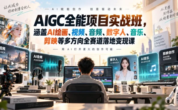 AIGC全能项目实战班,涵盖AI绘画、视频、音频、数字人、音乐、剪映等多方向全赛道落地变现课