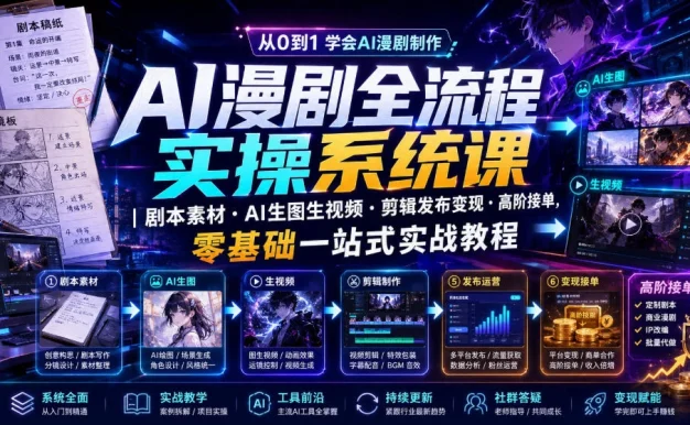 AI漫剧全流程实操系统课|剧本素材・AI生图生视频・剪辑发布变现・高阶接单,零基础一站式实战教程