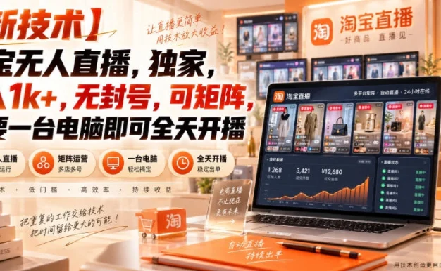 【独家新技术】淘宝无人直播,日入1k+,无封号,可矩阵,只要一台电脑即可全天开播【揭秘】