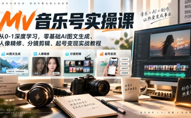 AI MV音乐号实操课,从0-1深度学习,零基础AI图文生成、人像精修、分镜剪辑、起号变现实战教程