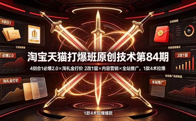 (19428期) 淘宝天猫打爆班原创技术第84期:4剑合1必爆2.0×淘礼金打价×2改1留×内容营销×全站推广,1款4术拉爆